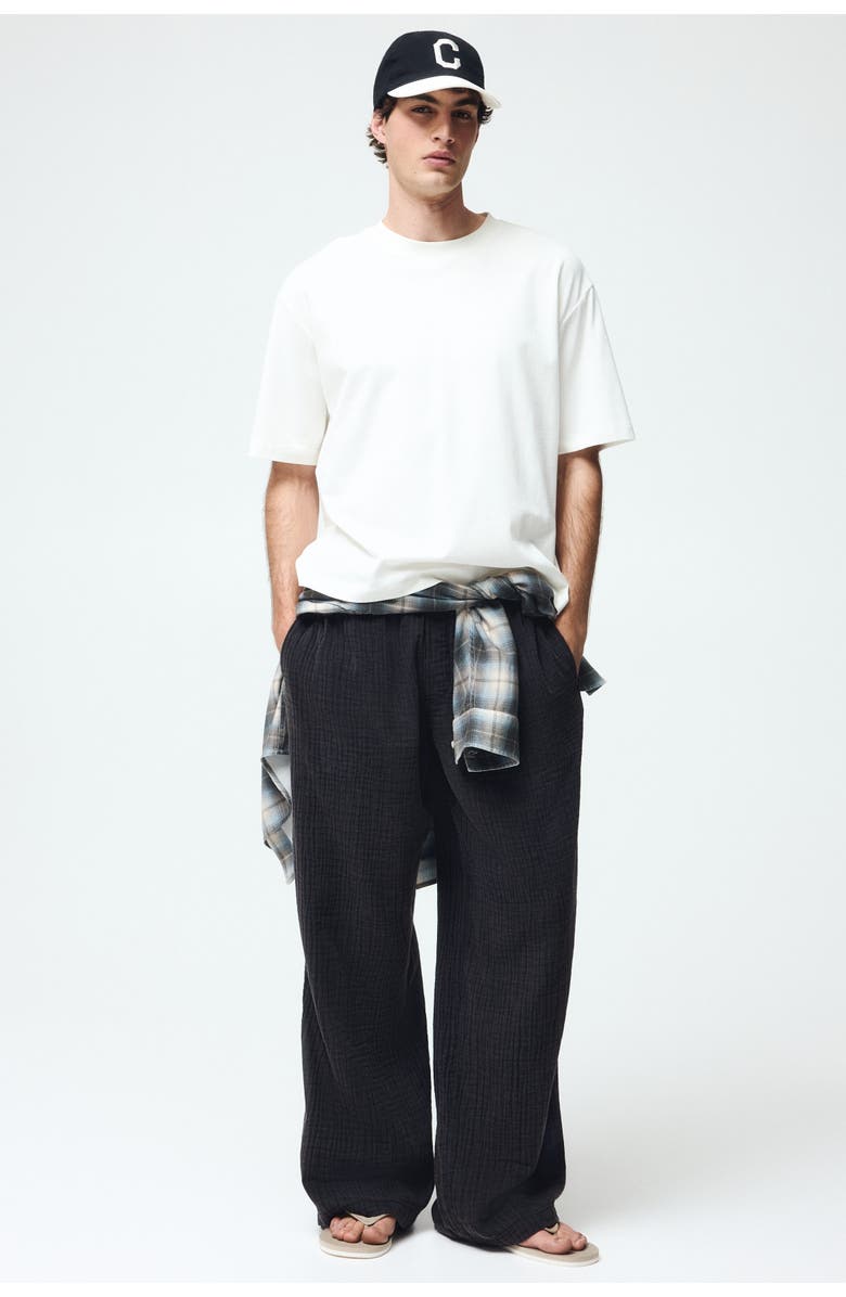 H&M Loose Fit Cotton Muslin Trousers, Alternate, color, Black