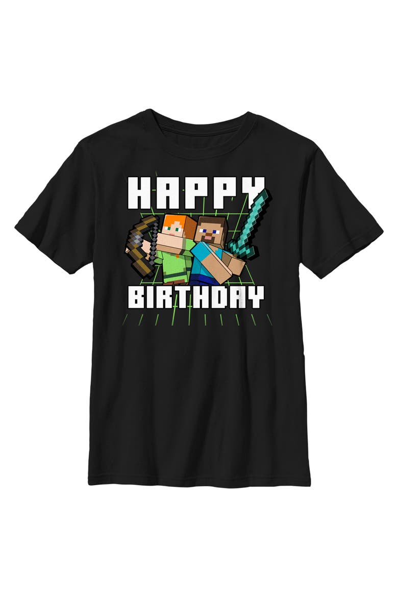 Boy's Minecraft Happy Birthday Steve and Alex  Graphic T-Shirt, Main, color, Black