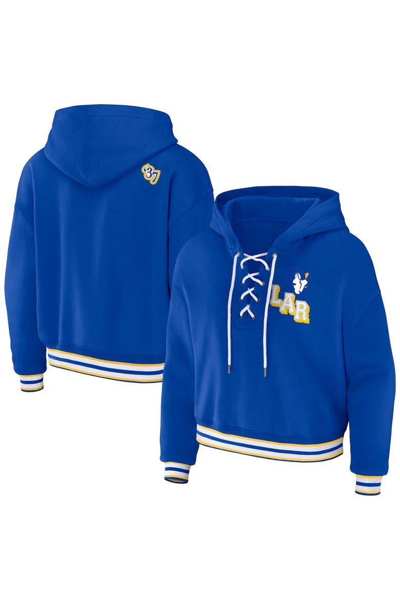 Women's WEAR by Erin Andrews Royal Los Angeles Rams Lace-Up Pullover Hoodie, Alternate, color, Royal