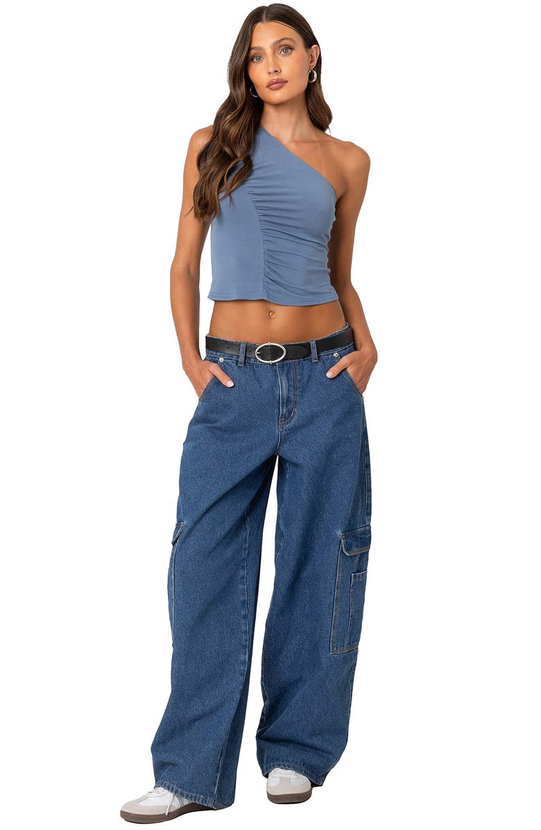 EDIKTED Ivy Ruched One-Shoulder Crop Top, Alternate, color, Blue