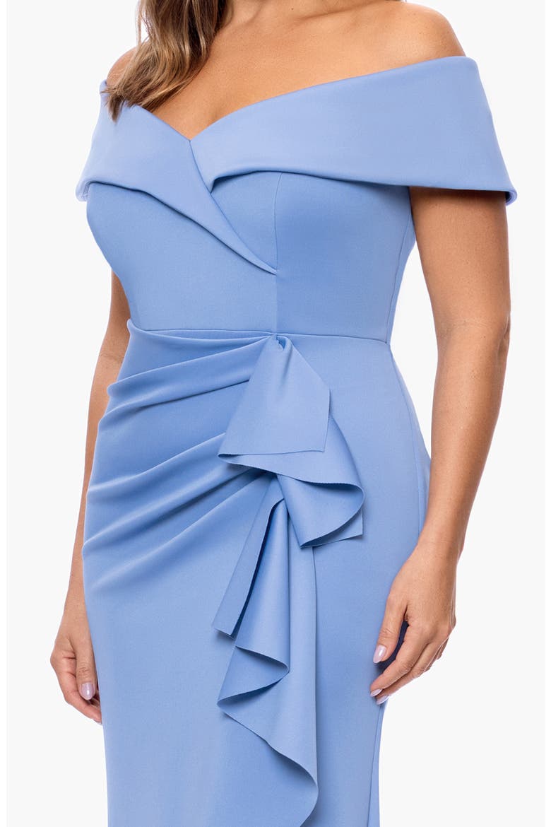 Off the Shoulder Ruffle Scuba Knit Gown, Alternate, color, SLATE