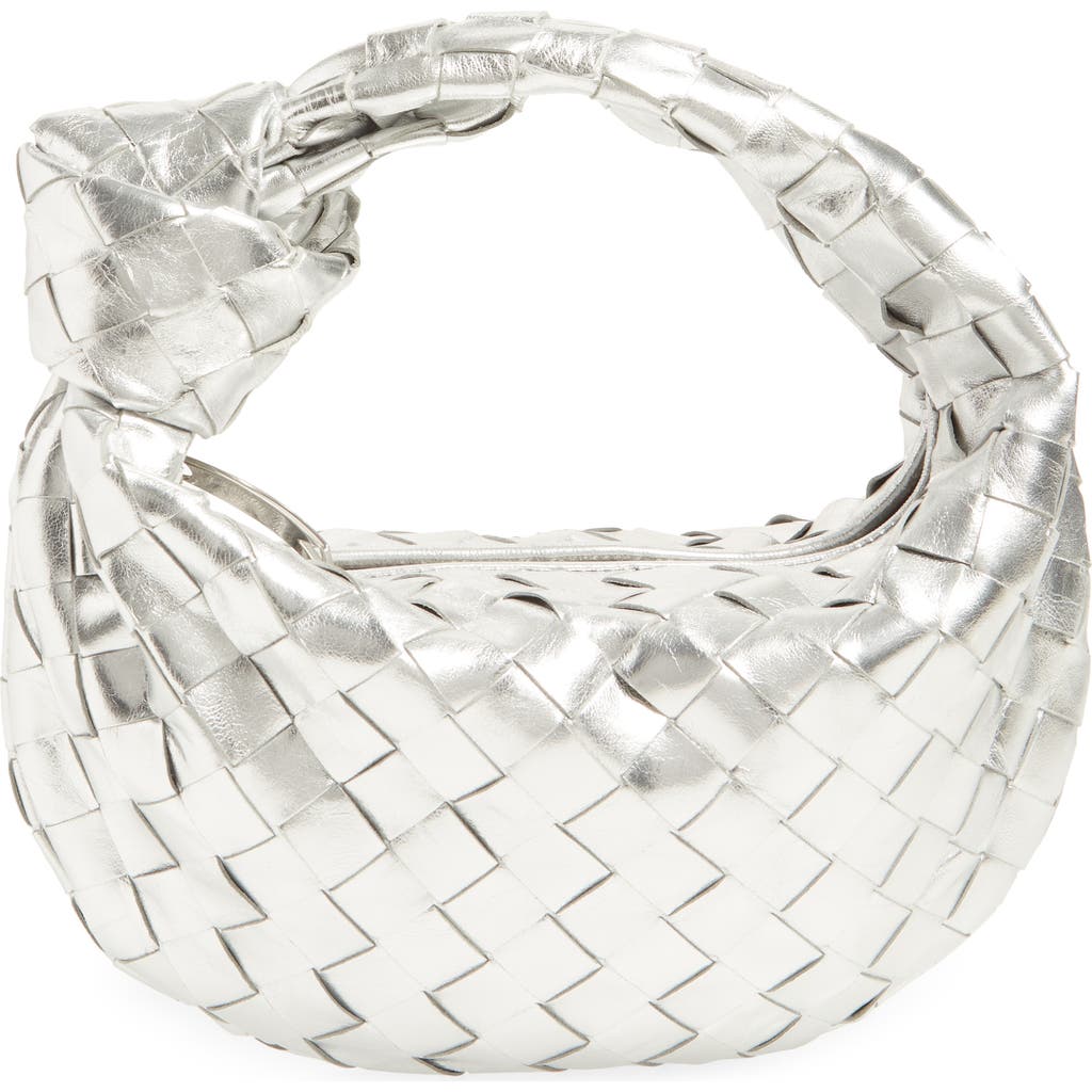 Bottega Veneta Mini Jodie Intrecciato Metallic Leather Top Handle Bag In 8101 Silverilver