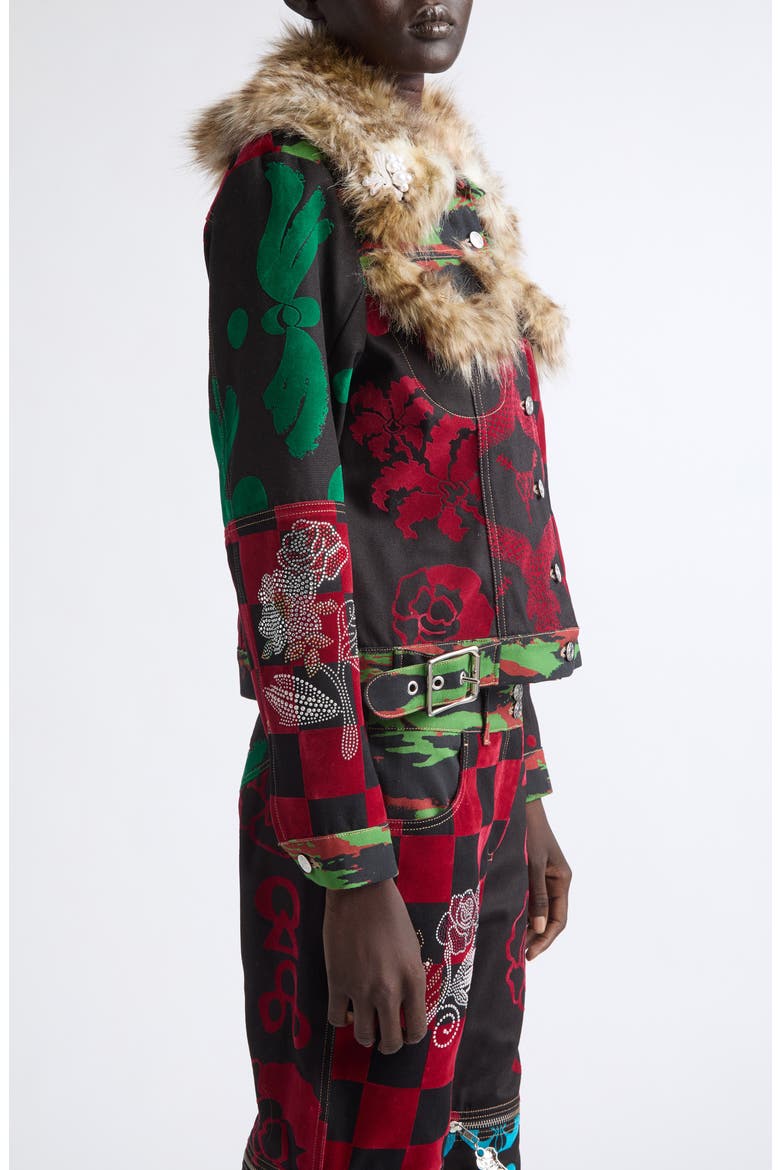 Faux Fur Trim Patchwork Denim Jacket, Alternate, color, MULTI