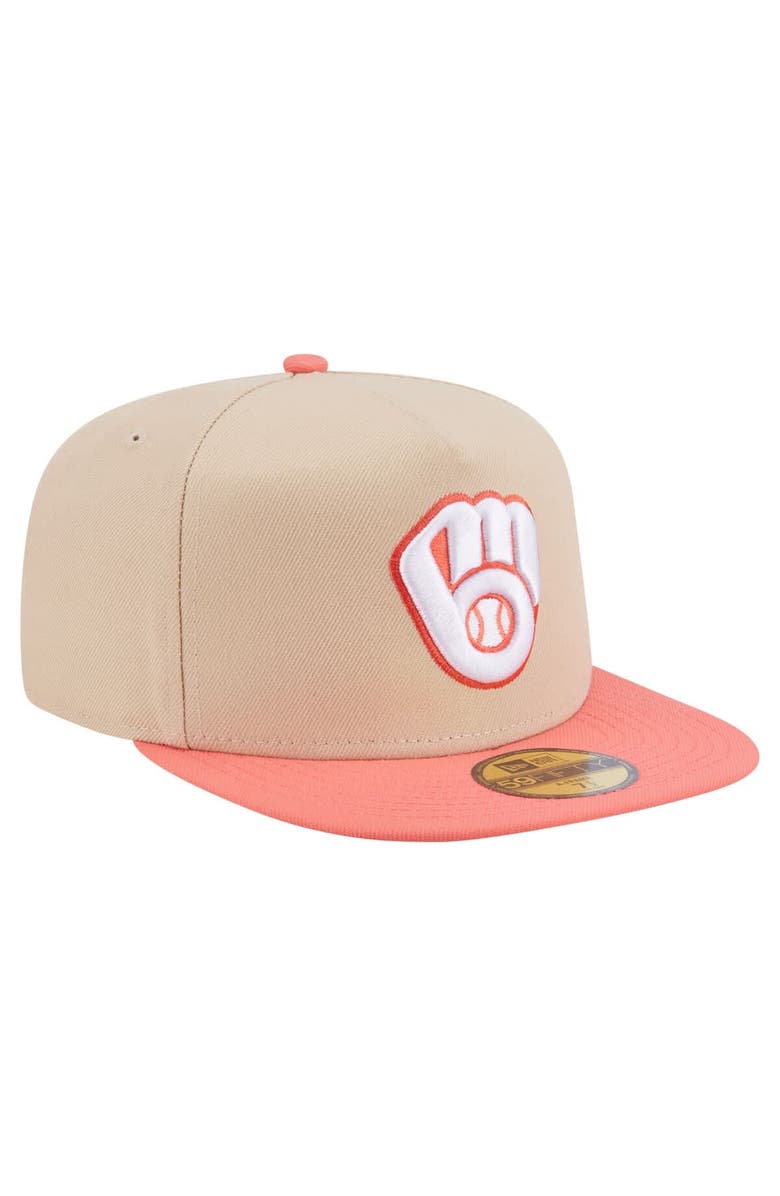 New Era Men's New Era Light Beige/Coral Milwaukee Brewers Two-Tone Color Pack A-Frame 59FIFTY Fitted Hat, Alternate, color, 