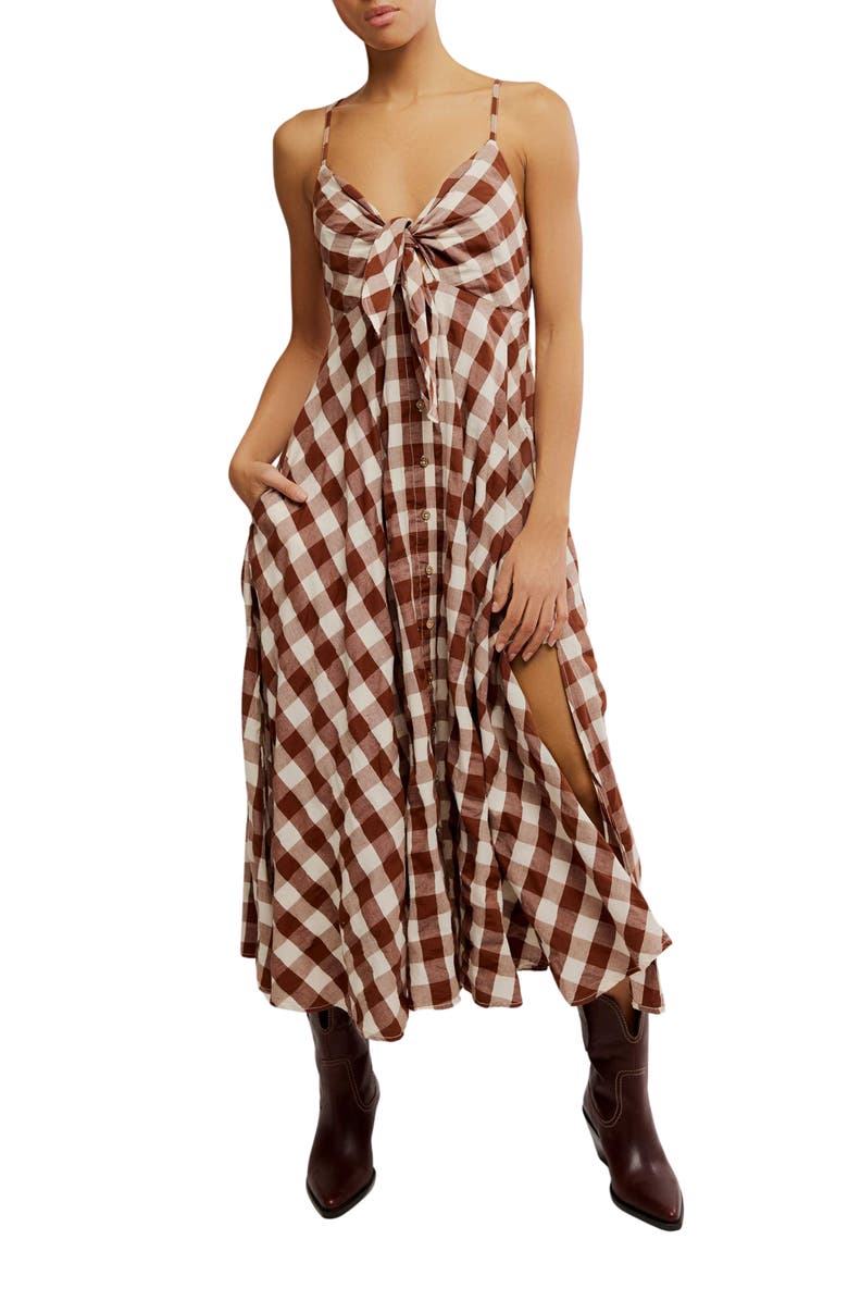 Free People Via Gingham Cotton Seersucker Sundress, Main, color, Brown Combo Everly