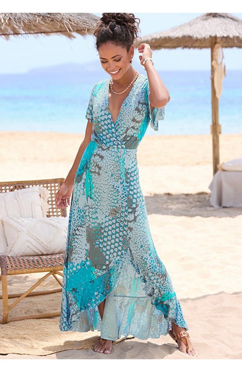 LASCANA Women's Printed Side Slit Maxi Dress, Alternate, color, Blue Multi