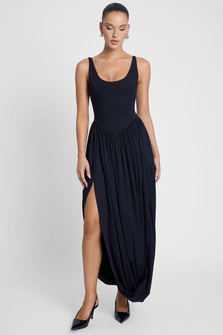 Dionysus Sculpt Drape Midi Dress, Alternate, color, Black