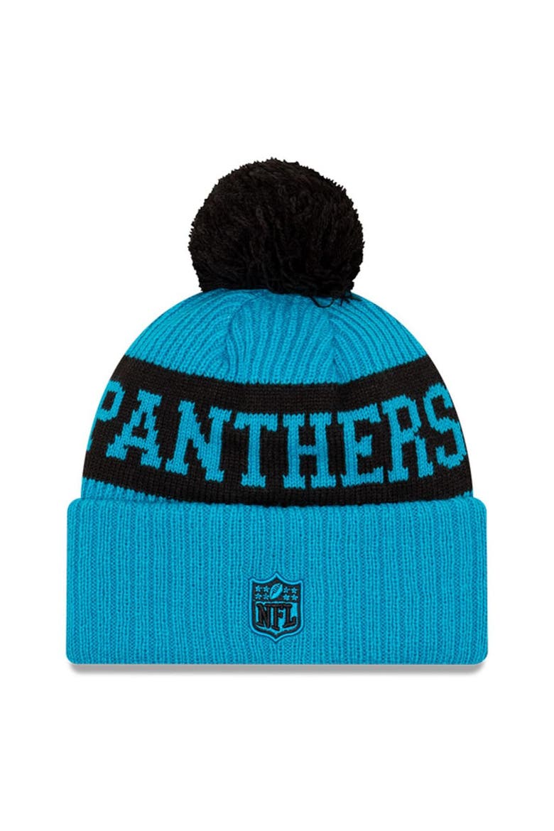 Men's New Era Blue/Black Carolina Panthers 2020 NFL Sideline Sport Pom Cuffed Knit Hat, Alternate, color, Blue