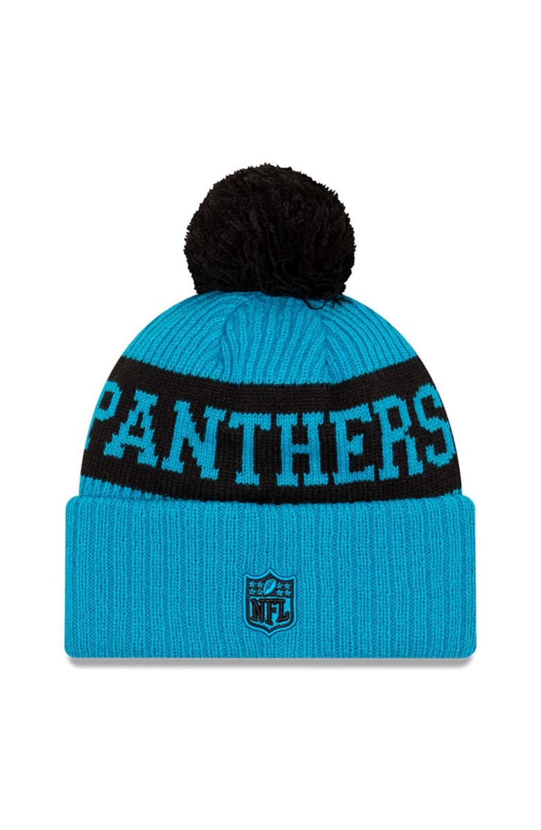 New Era Men's New Era Blue/Black Carolina Panthers 2020 NFL Sideline Sport Pom Cuffed Knit Hat, Alternate, color,