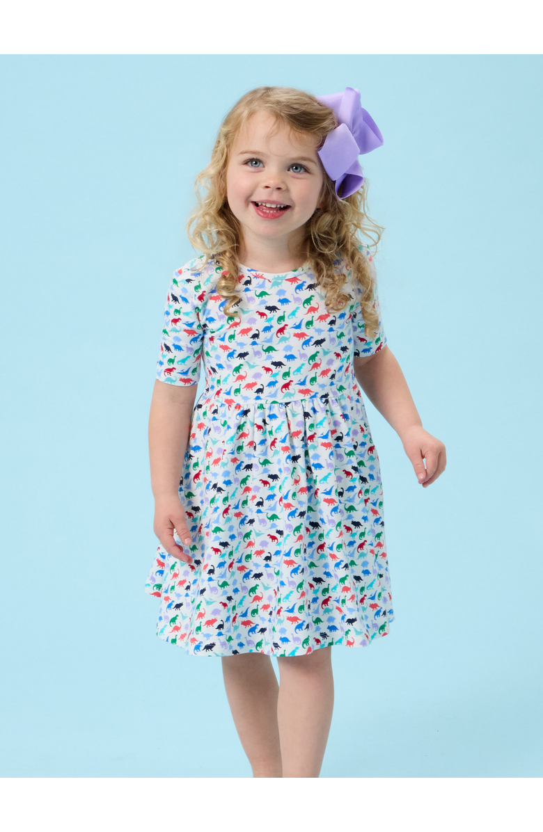 RuffleButts Knit Short Sleeve Twirl Dress, Alternate, color, Dino Roar