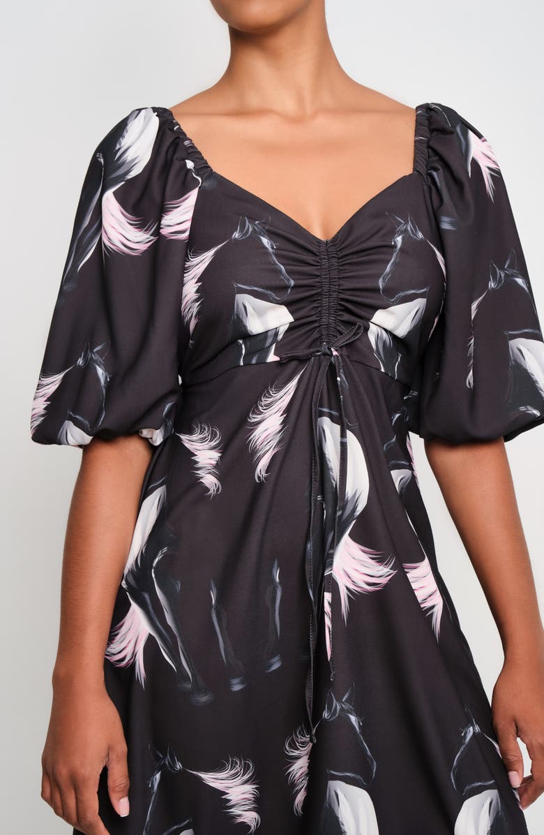 The Lulo Project Sol Horse Print Puff Sleeve Crepe Maxi Dress, Alternate, color, Black Horses