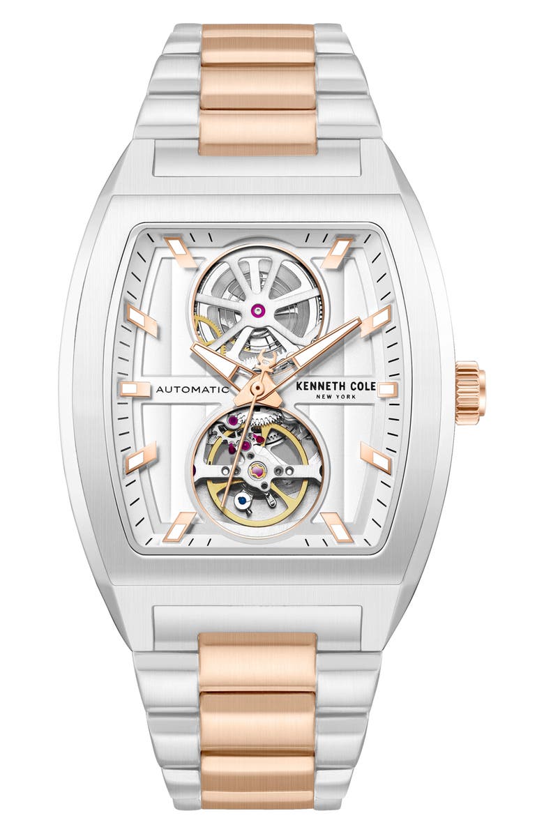 Kenneth Cole New York The Milford Tonneau Open Heart Automatic Bracelet Watch, 40mm x 52.5mm, Main, color, Two Tone