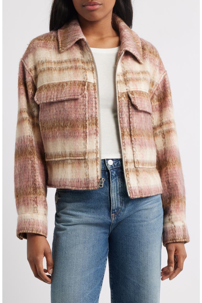 Zip Front Crop Jacket, Alternate, color, GREY PINK PLAID