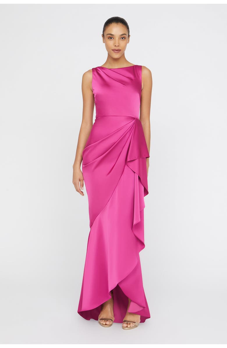 Theia Harper Draped Wrap Bateau Neck Satin Faux Wrap Gown, Main, color, Shadow Rose
