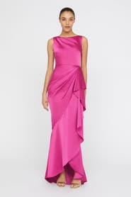Theia Harper Draped Wrap Bateau Neck Satin Faux Wrap Gown