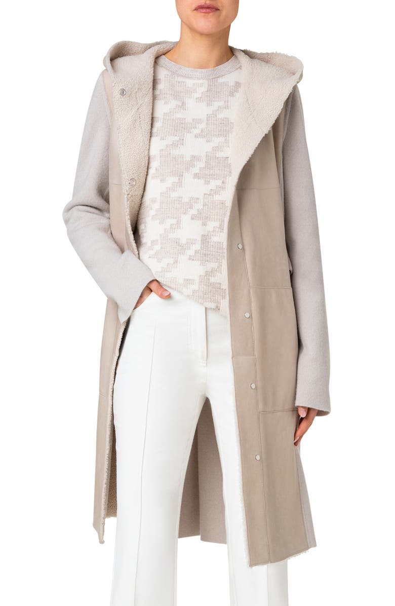 Akris Cashmere Stretch Knit & Genuine Shearling Hooded Coat, Main, color, 