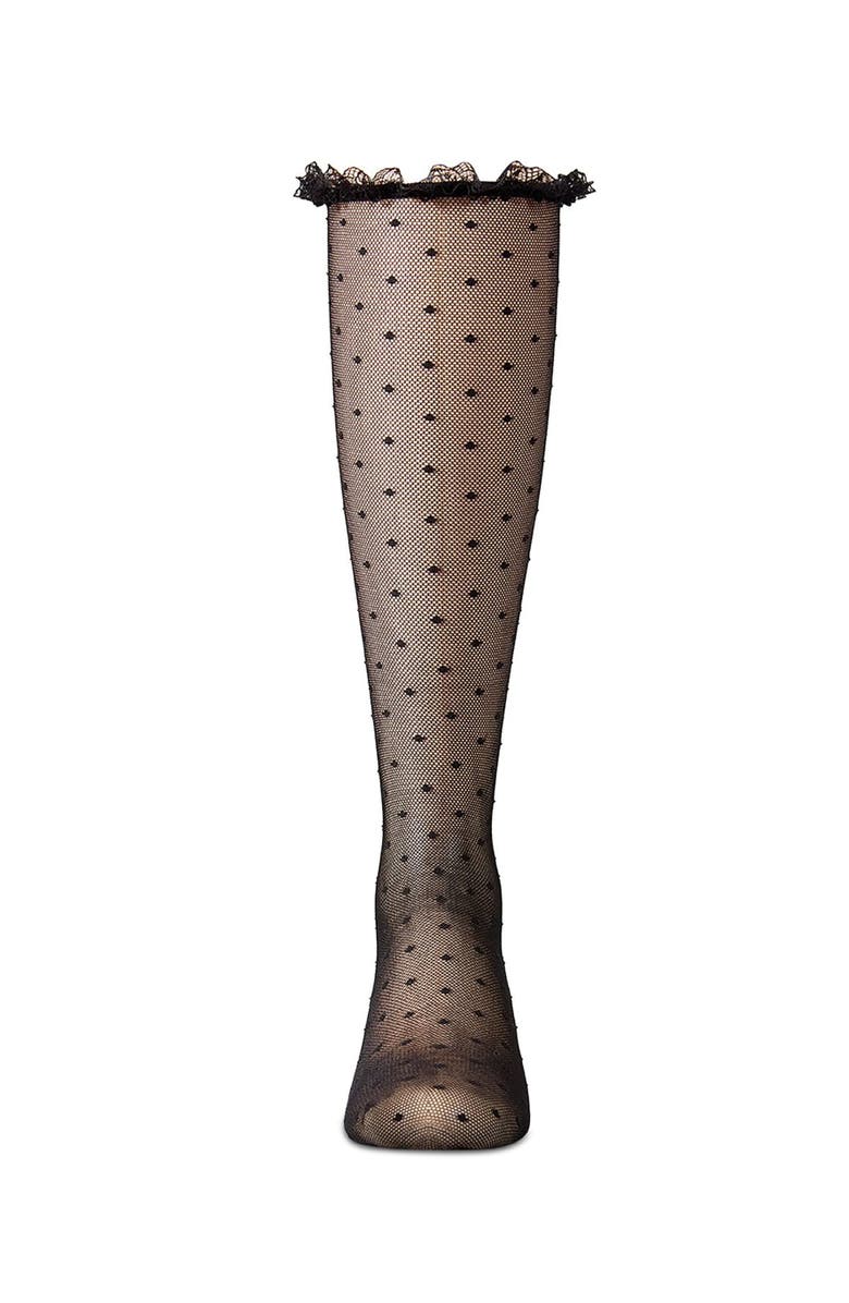MeMoi Lace Trimmed Dot Mesh Knee Sock, Alternate, color, Black