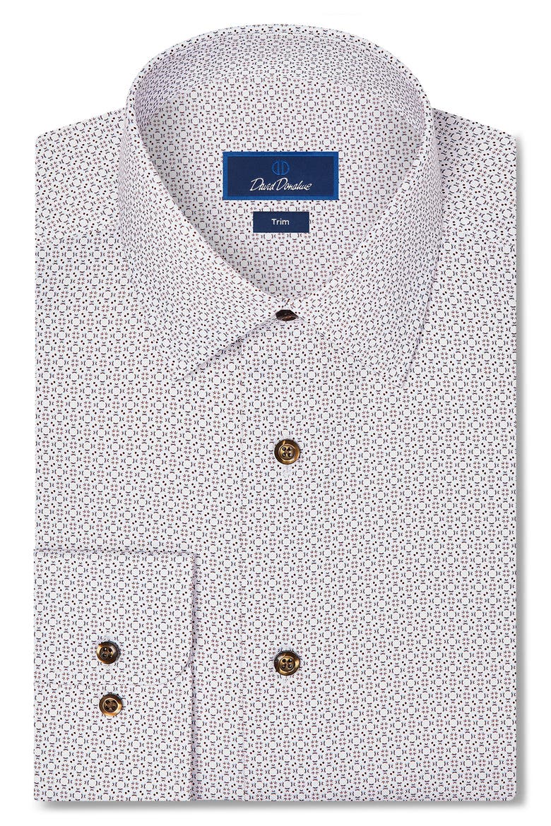 Trim Fit Geometric Print Cotton Dress Shirt, Main, color, WHITE/ CHOCOLATE