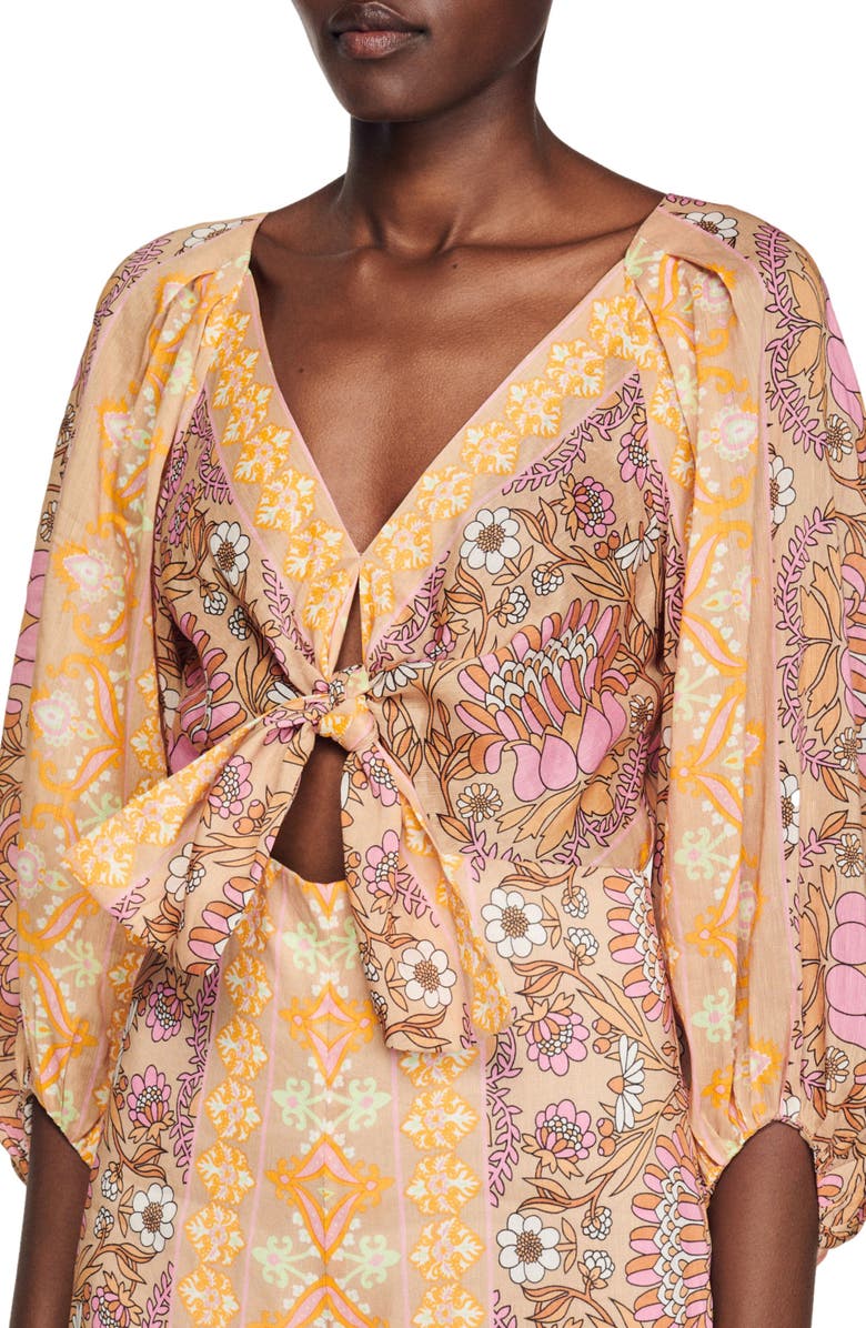 SANDRO Dieppe Floral Linen Blend Jumpsuit, Alternate, color, Beige