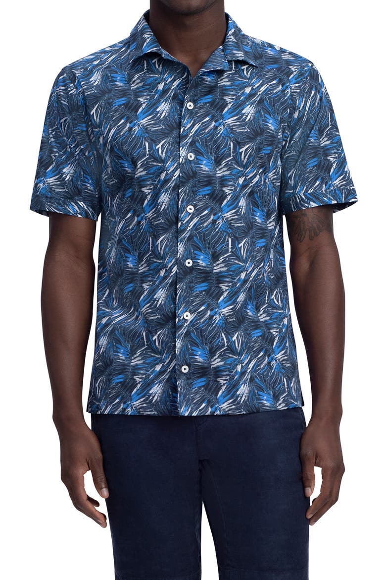 Men's Shaped Fit Print Stretch Cotton Short Sleeve Button-Up Shirt, Main, color, MIDNIGHT