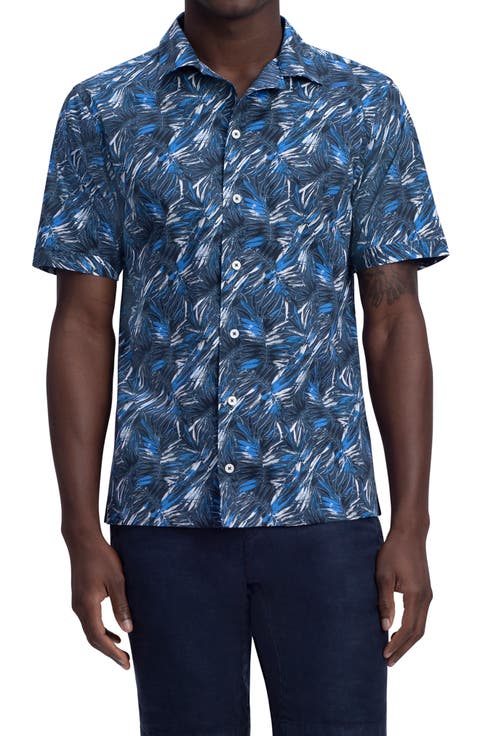 Men's Shaped Fit Print Stretch Cotton Short Sleeve Button-Up Shirt