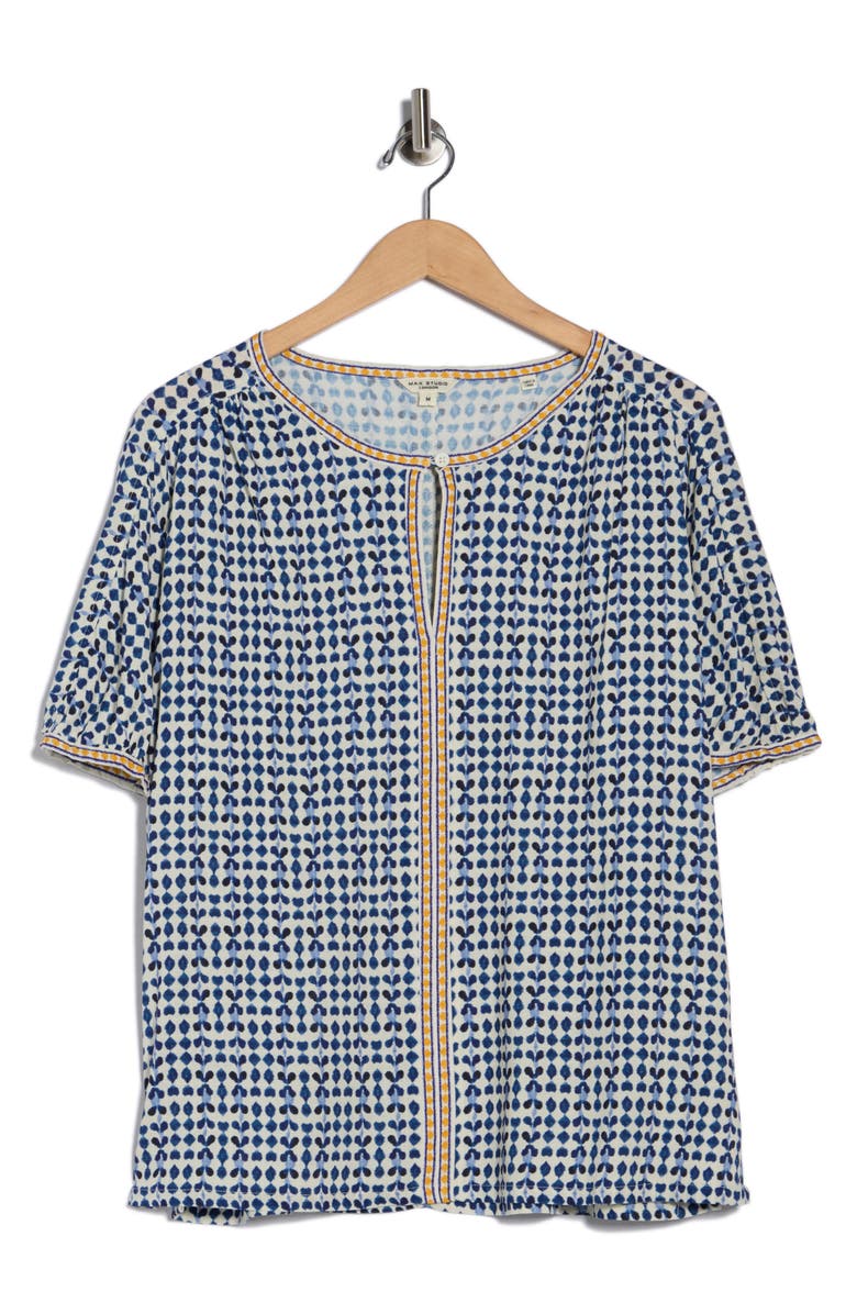 MAX STUDIO Keyhole Elbow Sleeve Top, Main, color, Natural/ Blue Ikat Stamps