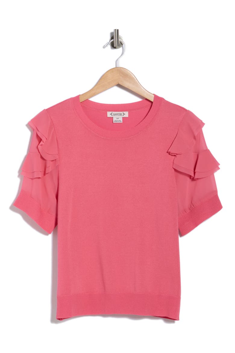 Ruffle Short Sleeve Mixed Media Sweater, Alternate, color, MADEMOISELLE PINK