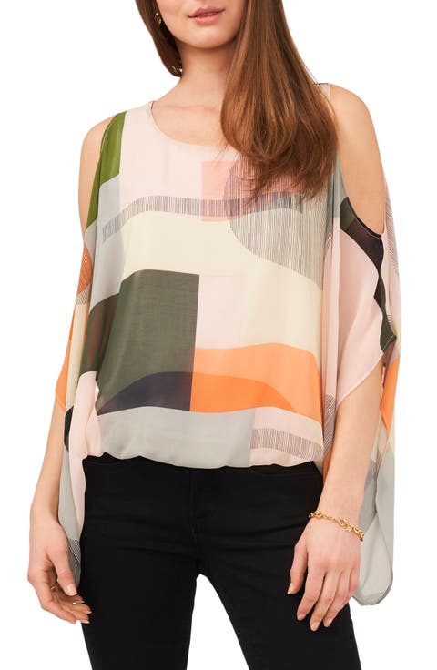 Abstract Print Batwing Sleeve Chiffon Blouse