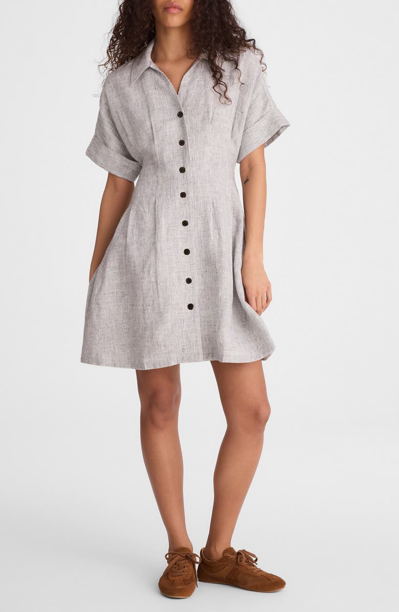 Madewell Pleated Linen Mini Shirtdress, Main, color, Black White Mini Stripe