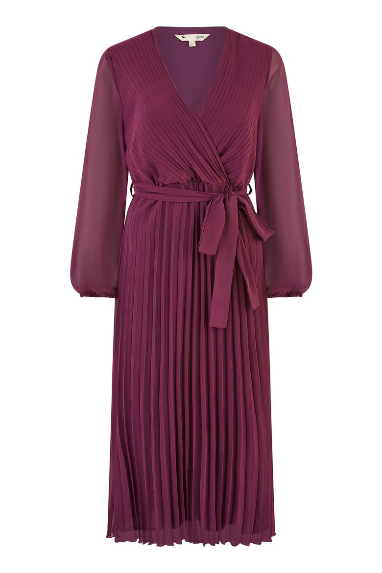 Long Sleeved Pleated Midi Wrap Dress, Alternate, color, Plum