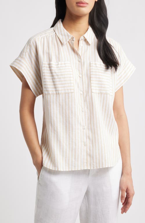 Caslonr Caslon(r) Linen Blend Short Sleeve Button-up Shirt In Tan- White Brianne Stripe
