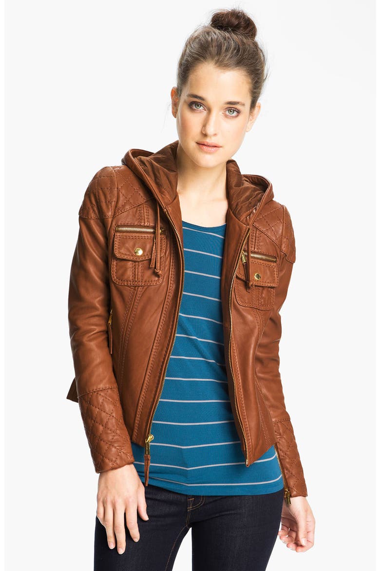 Hooded Leather Jacket, Main, color, BROWN