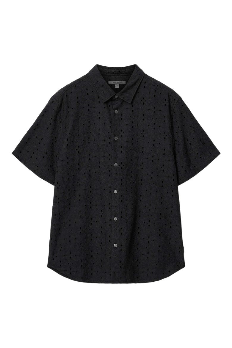 Sean Eyelet Cotton Short Sleeve Button-Up Shirt, Alternate, color, BLACK