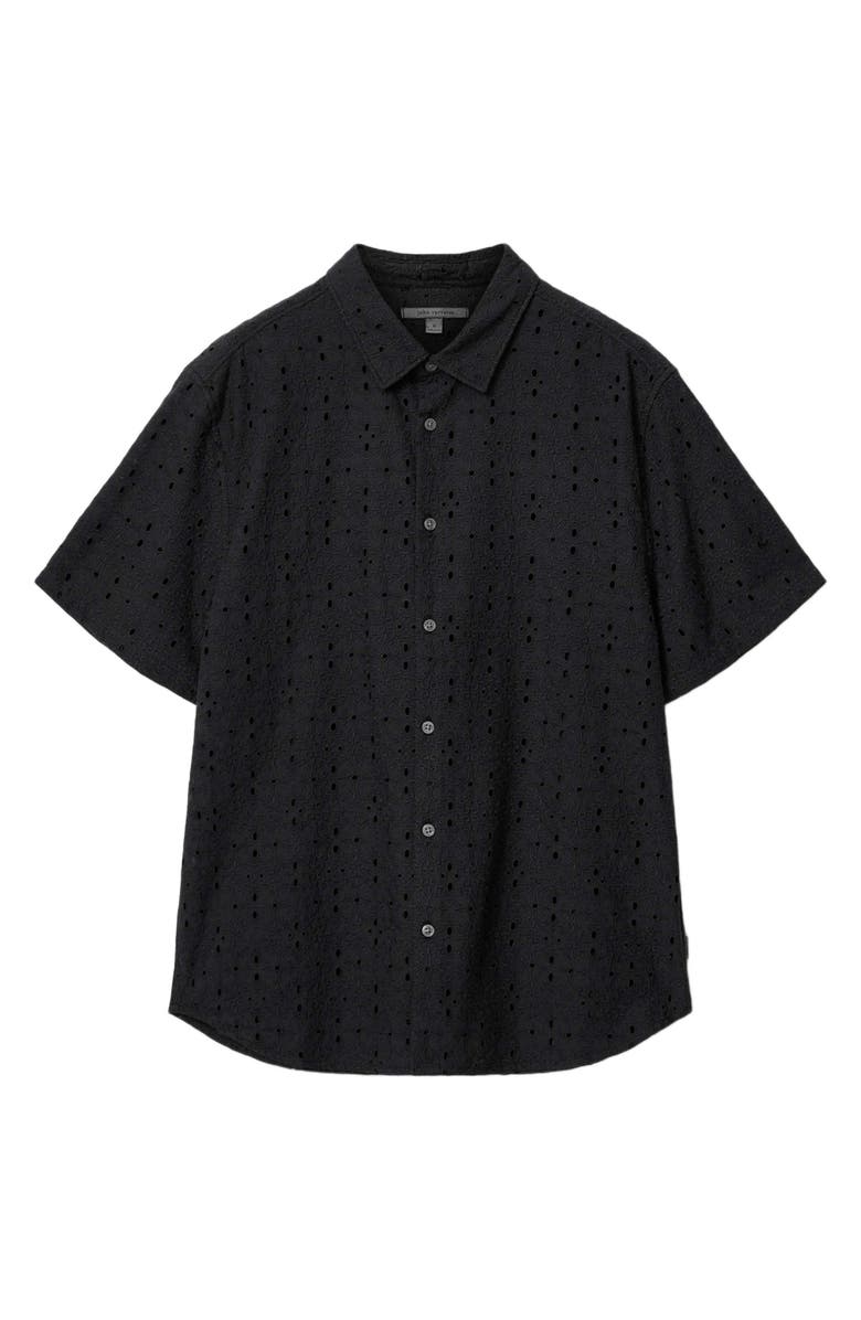 John Varvatos Sean Eyelet Cotton Short Sleeve Button-Up Shirt, Alternate, color, Black
