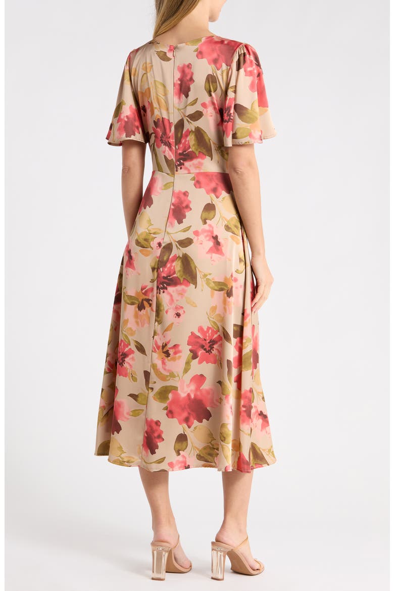 Front Twist Flutter Sleeve Midi Dress, Alternate, color, ROSE FLORAL