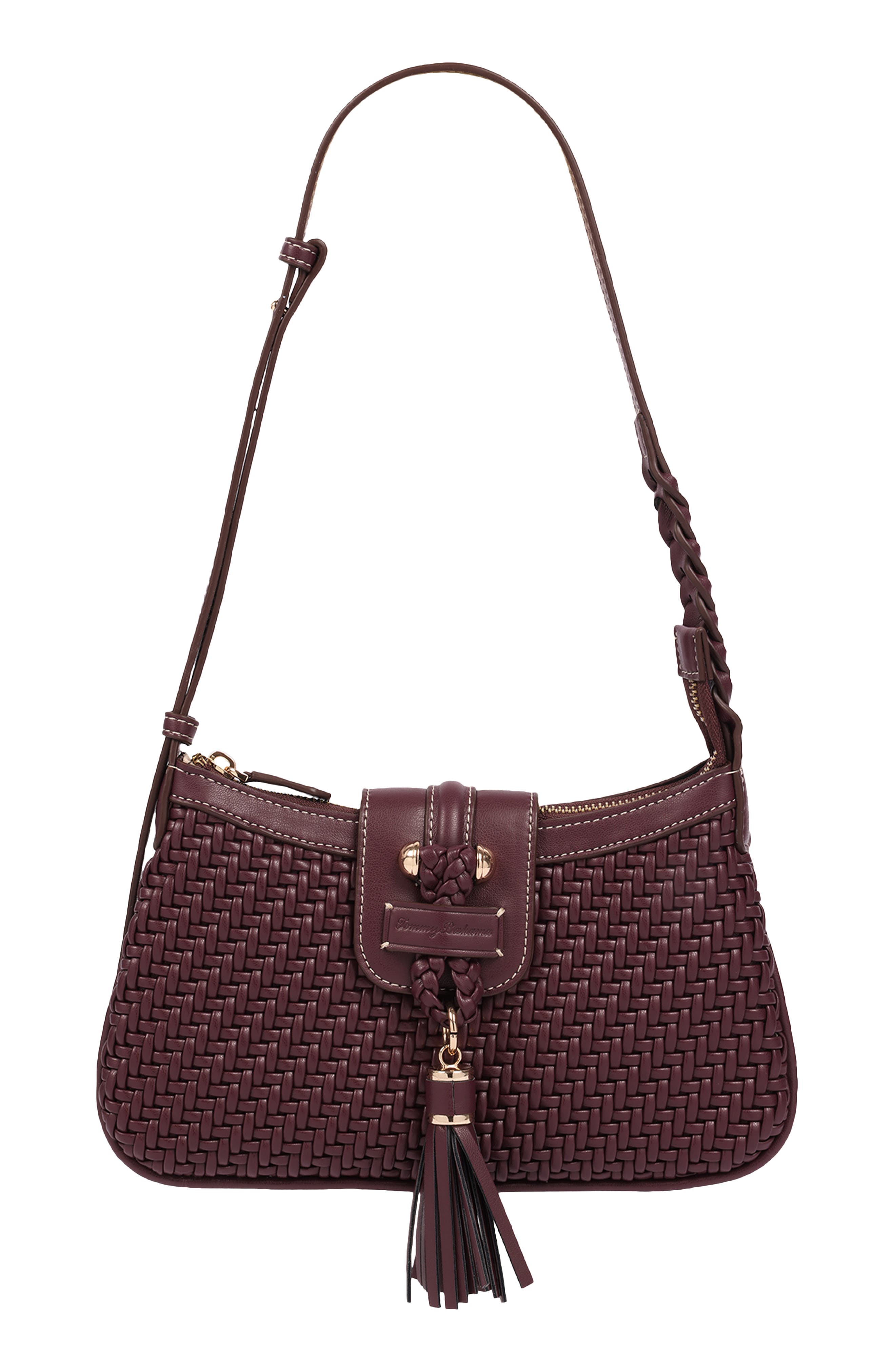 Tassel Tab Woven Faux Leather Shoulder Bag