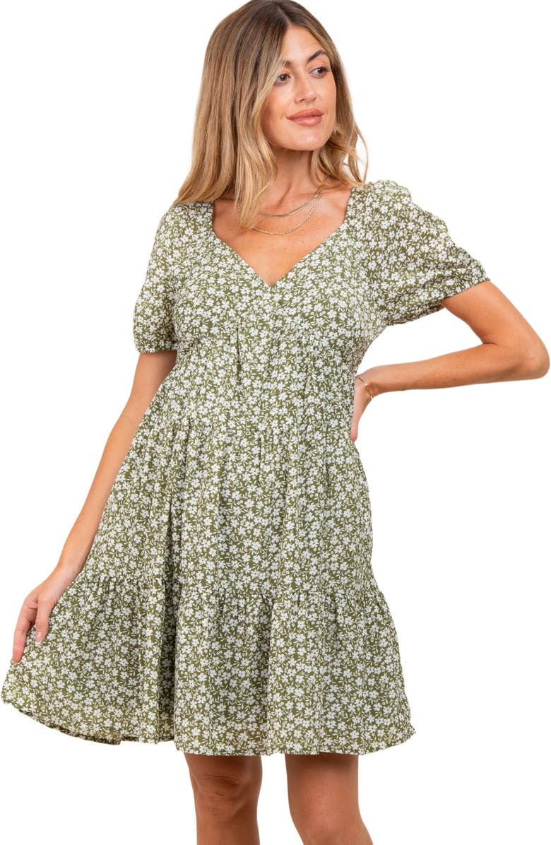 PinkBlush Olive Floral Tiered V-Neck Mini Dress, Alternate, color, Light Olive
