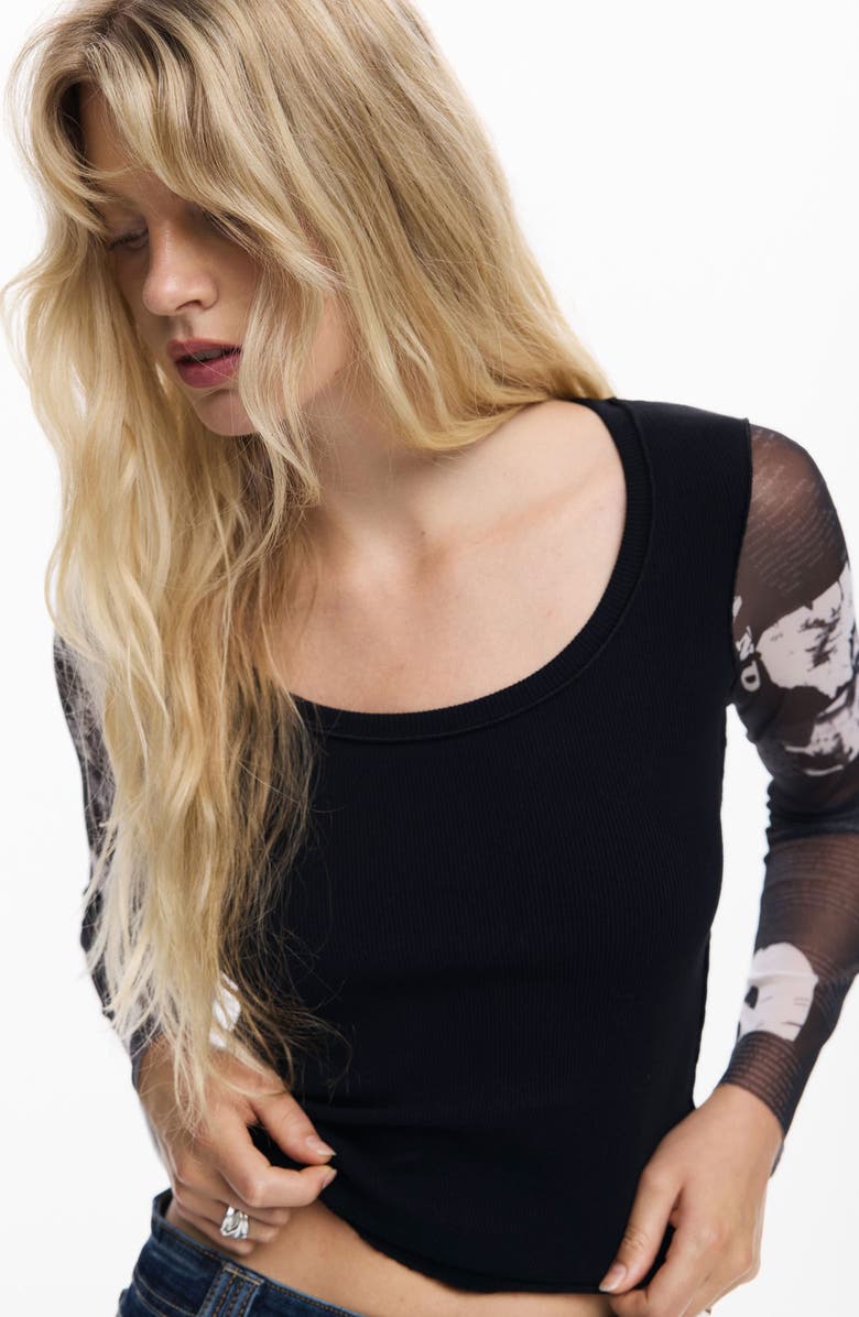 Desigual Mesh Sleeve Crop T-Shirt, Alternate, color, Black