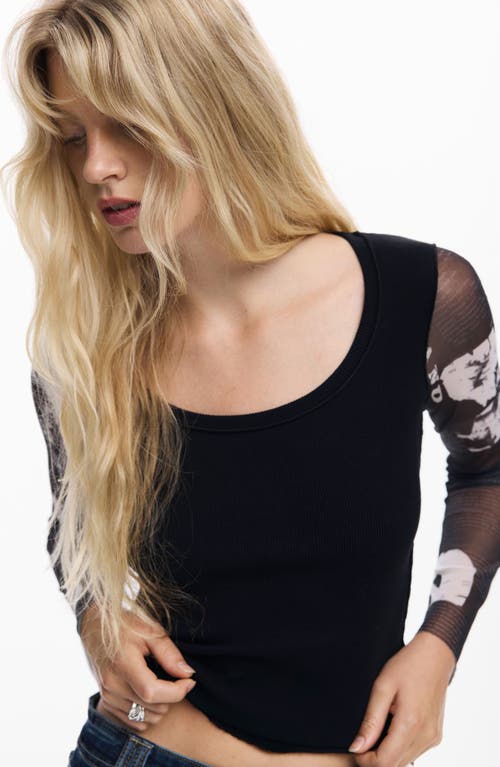 Desigual Mesh Sleeve Crop T-shirt In Black