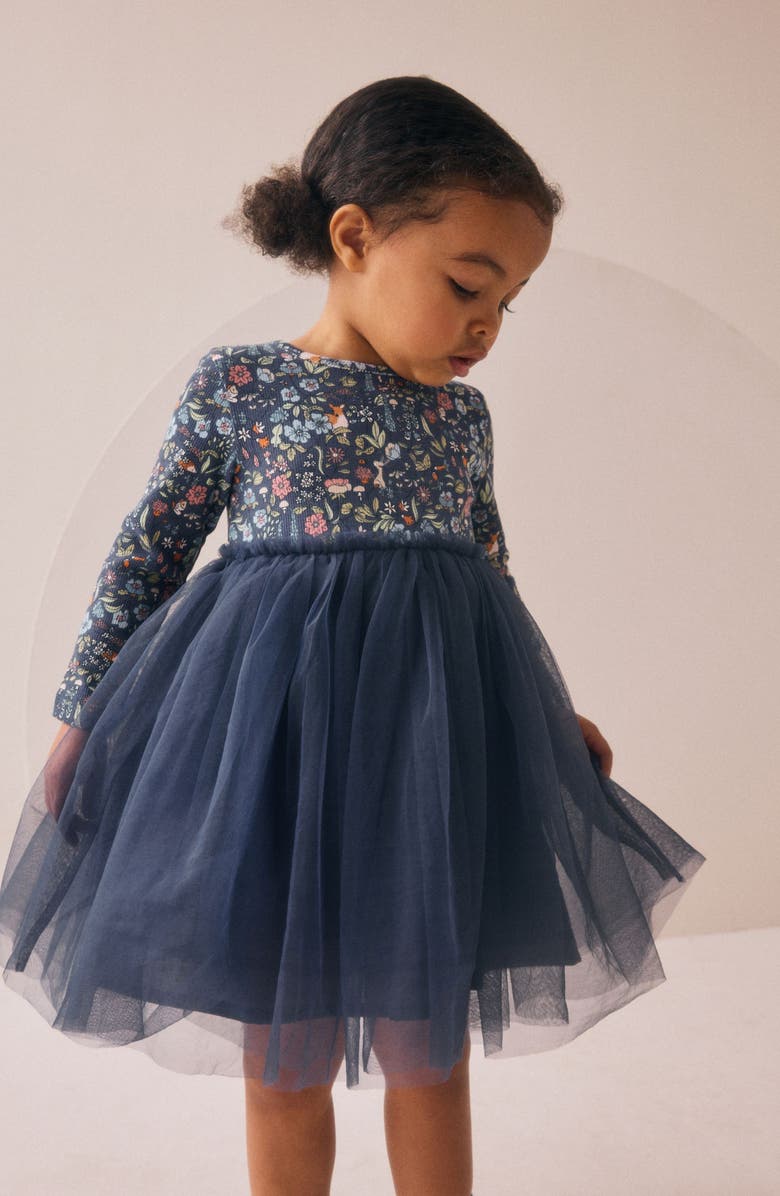 NEXT Kids' Floral Mixed Media Long Sleeve Tulle Dress, Alternate, color, Blue