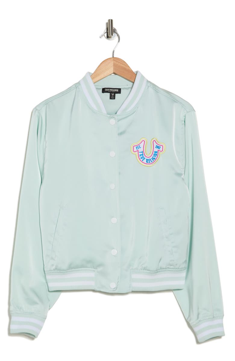 True Religion Satin Varsity Jacket, Alternate, color, Glacier