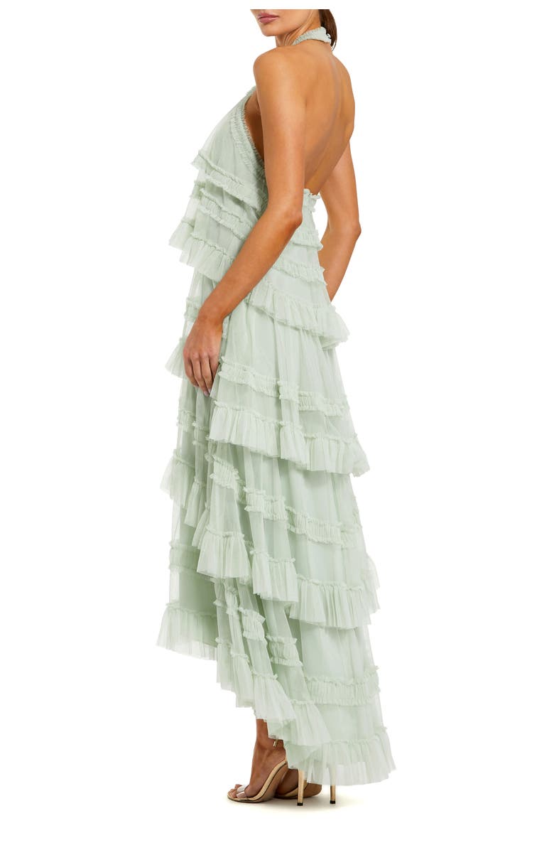 Mac Duggal Dot Mesh Ruffle Halter Neck Ankle Dress, Alternate, color, Seamist