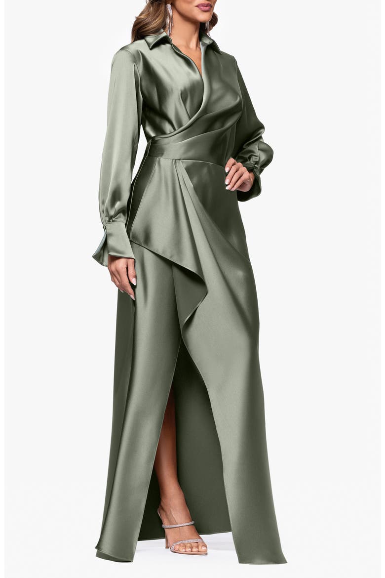 Collar Long Sleeve Satin Gown, Alternate, color, OLIVE