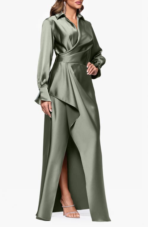 Xscape Evenings Collar Long Sleeve Satin Gown In Green