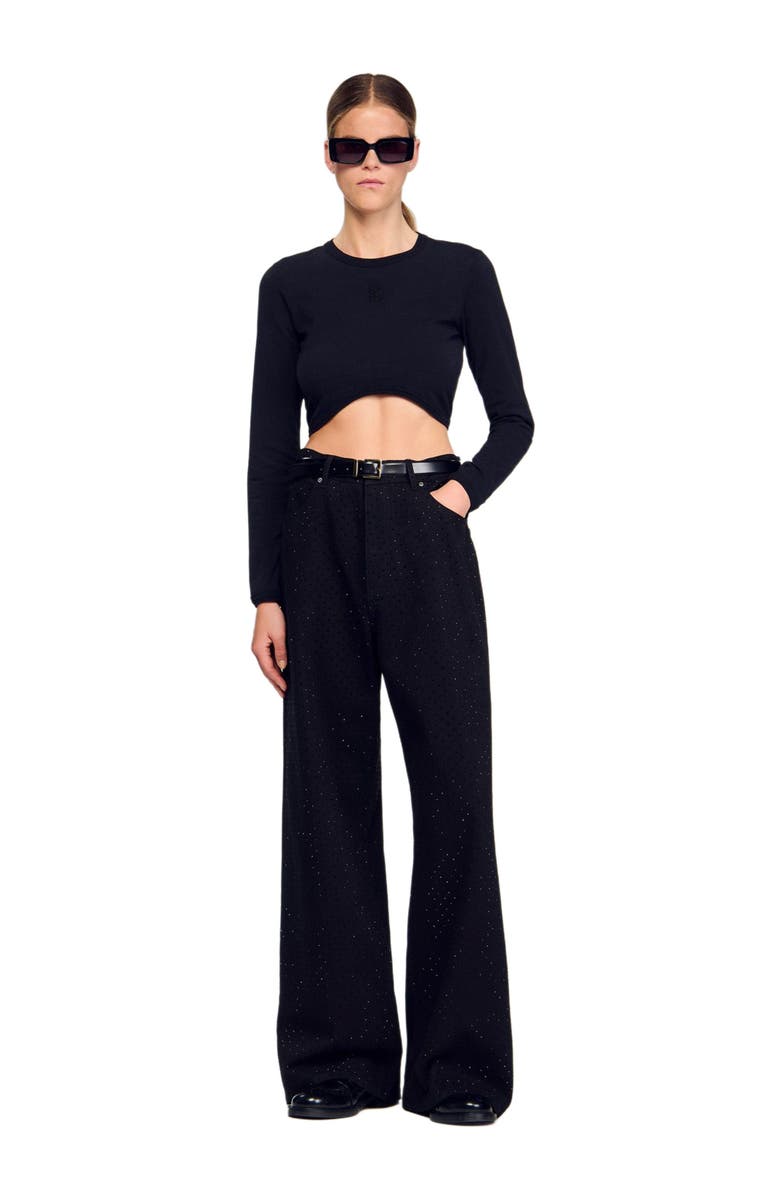 SANDRO Cropped embroidered T-shirt, Alternate, color, Black