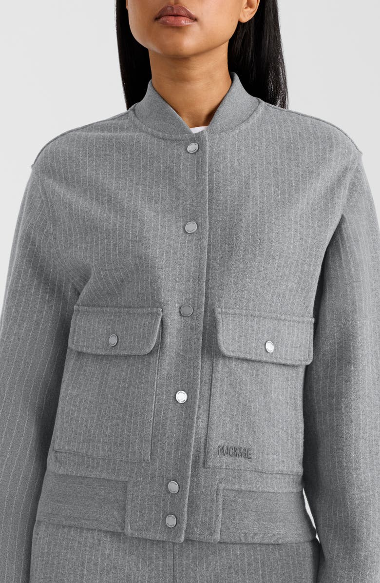 Mackage Juniper Chalk Stripe Cotton Blend Bomber Jacket, Alternate, color, Light Grey Mix-Cream