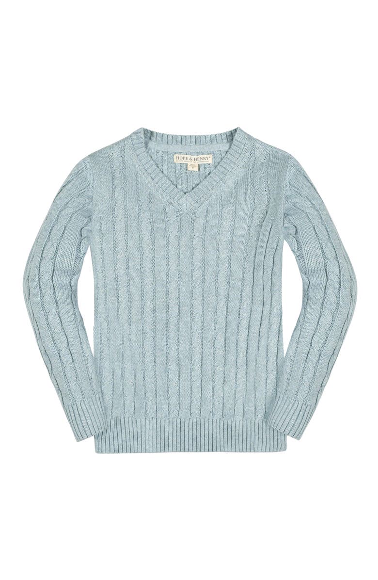 Hope & Henry Kids' Organic Long Sleeve Fine Gauge Cable V-Neck Sweater, Main, color, Dusty Blue Heather Cable