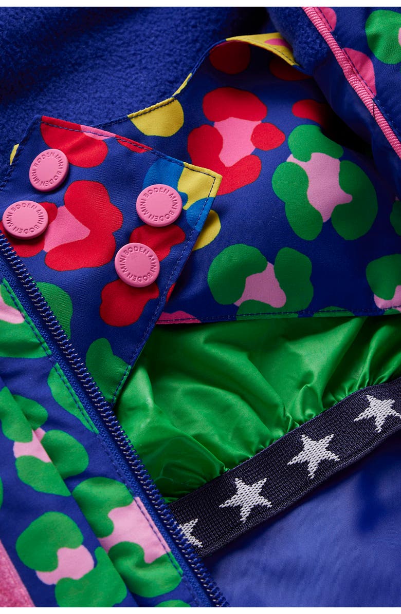 Mini Boden Kids' All Weather Faux Fur Trim Hooded Waterproof Coat, Alternate, color, Multi Rainbow Leopard