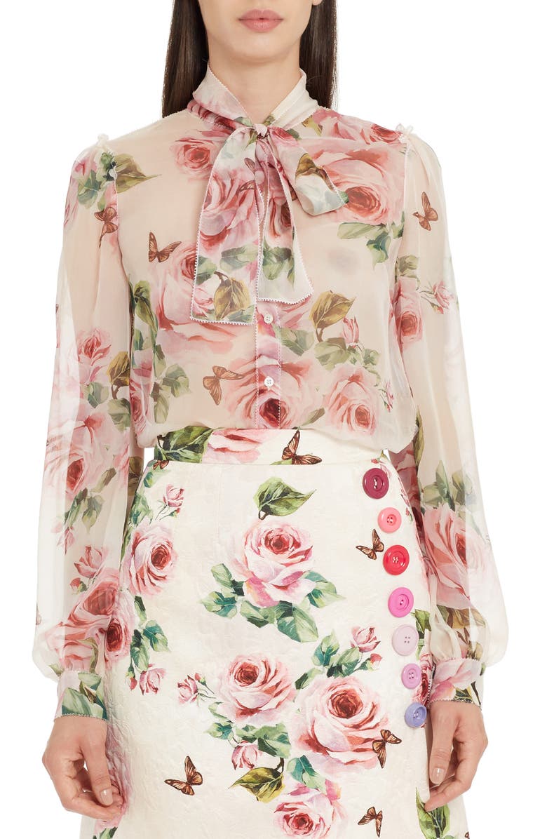 Dolce&Gabbana Sheer Rose Print Silk Blouse, Main, color,