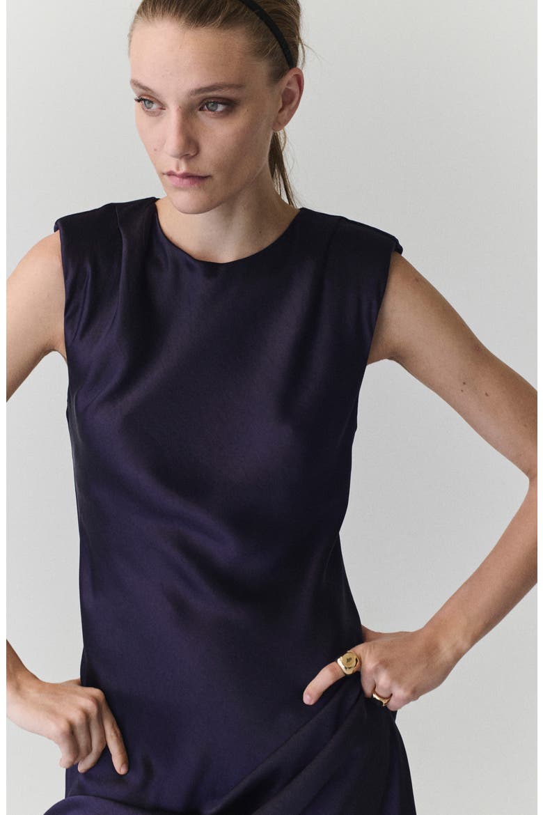 Shoulder Pad Sleeveless Satin Midi Dress, Alternate, color, NIGHT BLUE
